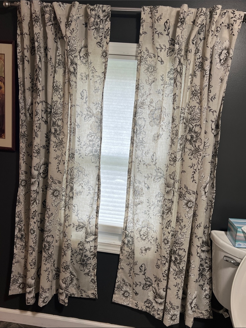 Floral Print Linen-Blend Window Curtains in Beige and Black 63in long